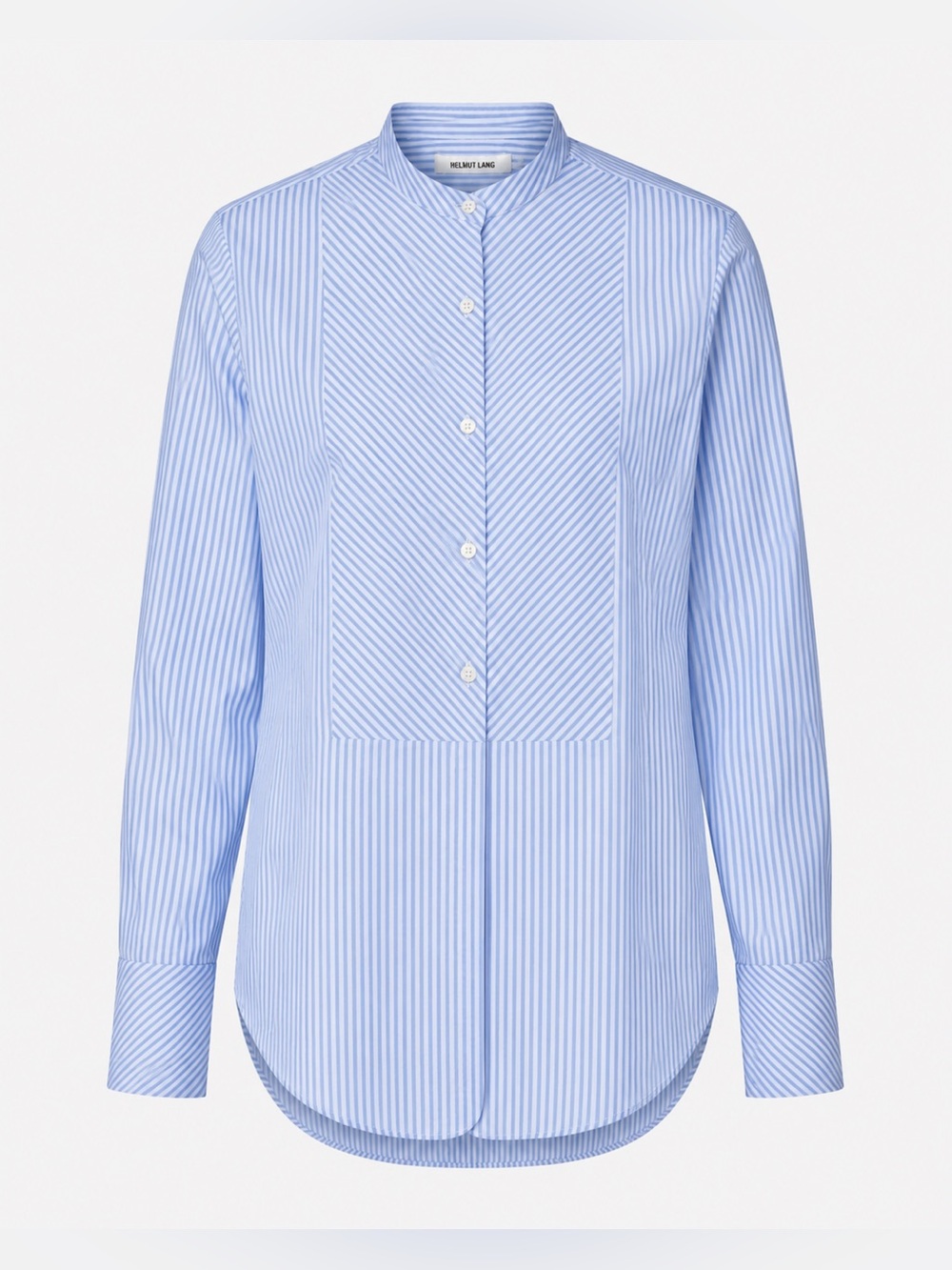 Helmut Lang Back-Detail Tuxedo Collarless Striped Poplin Shirt XS Blue White